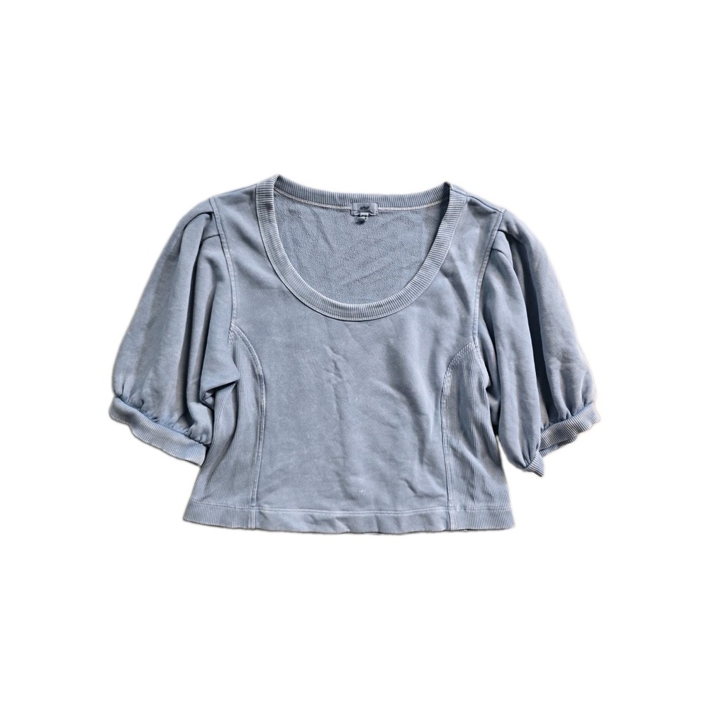 Aerie Blue Puff Sleeve Cropped Sweatshirt Ribbed Panels Acid Wash M Bohemian